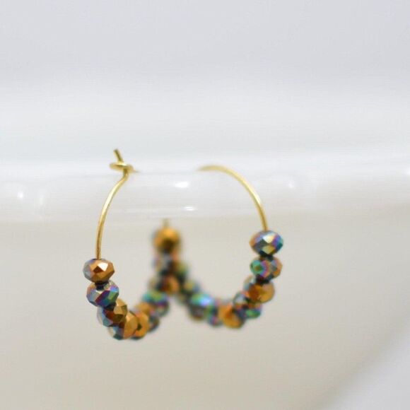 Gold Hoop Earrings with Amber Glass Luster Beads - Picture 2 of 2